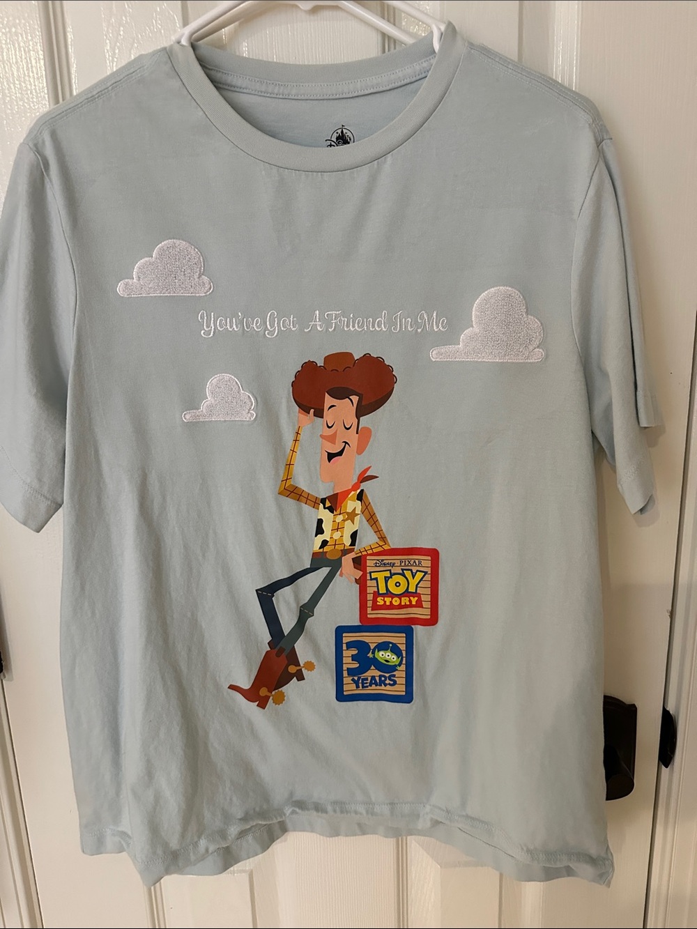 Disney Light Blue Woody Toy Story Graphic Tee with Cloud Appliqués